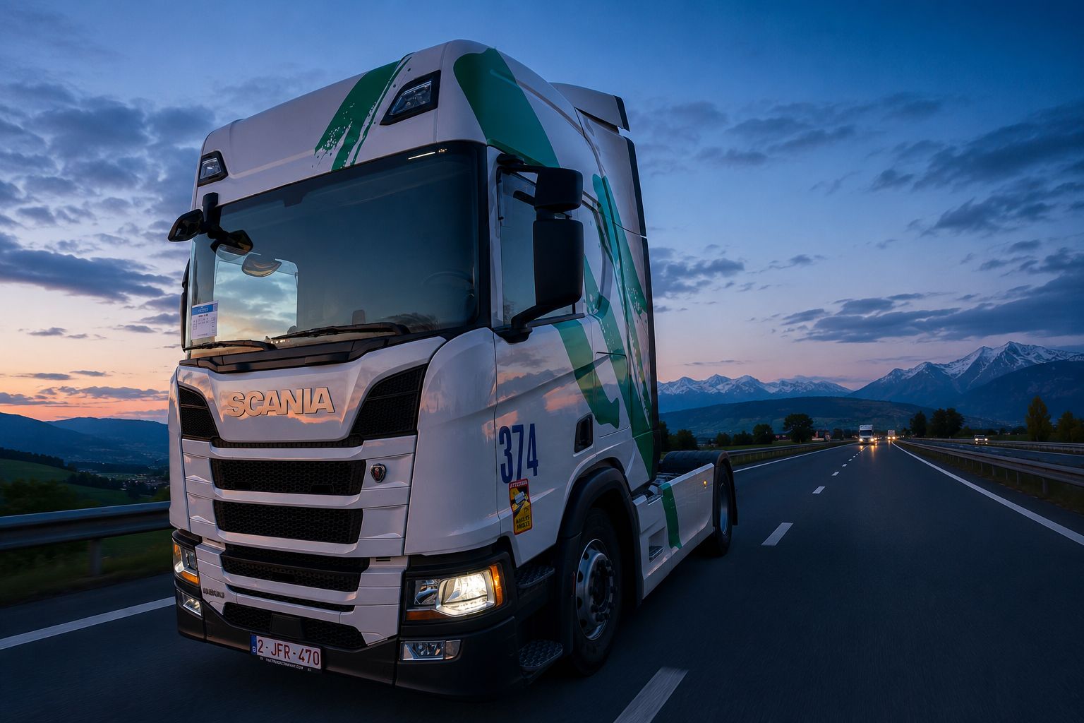 Tracteur Scania de BT en trajet international longue distance sur autoroute européenne.